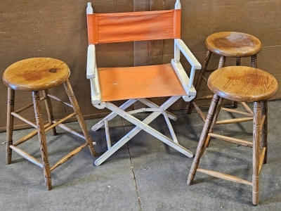 Director's Chair, (3) 24" Wood Bar Stools