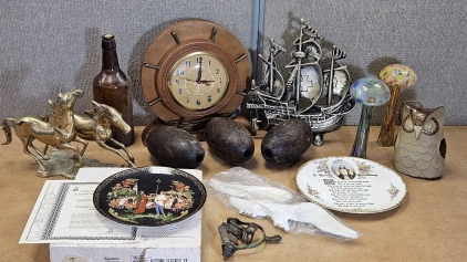 Antique Riding Spur, Antique Wood Boating Rope Floats, Brass Horses, Collector Plates, More
