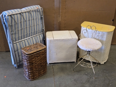 Foldaway Cot, Clothes Hampers, Wicker Trash Bin, Vintage Vanity Chair