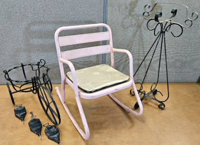 Antique Metal Child's Rocker, Metal Plant Stands, Retractable Plant Hangers