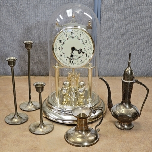 Working 12" Anniversary Clock, Brass Candlesticks