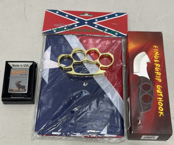 (1) Marbles Moose Zippo Lighter In Box, (1) Fingergrip Guthook Knife, (1) Brass Toned Paperweight, (1) 3&rsquo; x 5&rsquo; Confederate Flag