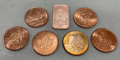 (6) 1oz .999 Fine Copper Rounds&hellip; Norse God Odin, Norse Dragon, Masonic Emblem, Mercury Head, Marines At Iwo Jima, Canadian Maple Leaf. (1) 1oz .999 Fine Copper Bar