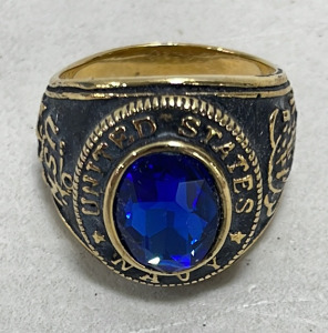 (1) US Navy Gold Toned Ring W/ Blue Center Stone Size 12-1/2
