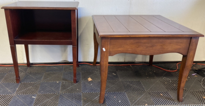 (1) Square Slat Top Side Table, (1) Bombay Company Brown Bed Side Wooden Table With Storage Compartment