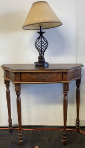 (1) Brown Wooden Hand Painted Entry Way Table 32&rdquo;x32&rdquo;x15&rdquo; (1) Black Table Top Lamp