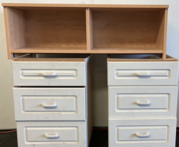 (2) White Three Drawer Units, (1) Beige Wall Mount Shelf