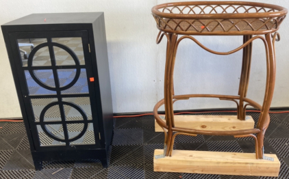 (1) 32&rdquo;x16&rdquo; Black Mirroed Side Table With Cabinet, (1) 34&rdquo;x27&rdquo; Wired Wooden Side Table Basket