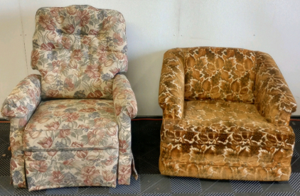 (1) Vintage Floral Pattern Rocking Recliner Chair (1) Orange Floral Pattern Lounge Chair