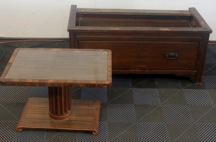 (1) Wood Chest with No Top (1) Glass Top Side Table