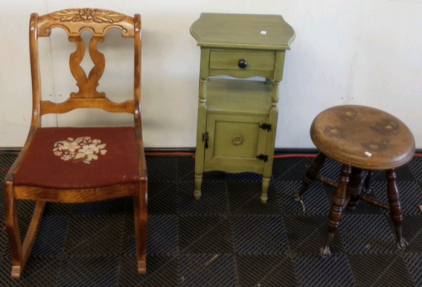 (1) Green Wood Small Decorative Side Table (1) Karpen Furniture Floral Padded Rocking Chair (1) Round Dragon Leg Stool