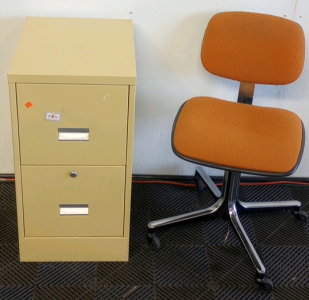 (1) Small Metal 2-Drawer Filing Cabinet (1) Vintage Orange Office Chair On Wheels