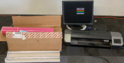 (1) Muse Brand Vinyl Cutting Plotter (9) Rolls Of Various Vinyl Material (1) Dell 19" Desktop Monitor