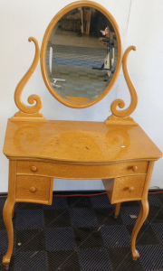 Vintage Marshfield Furniture Co. Wood Vanity With Mirror and Wheels