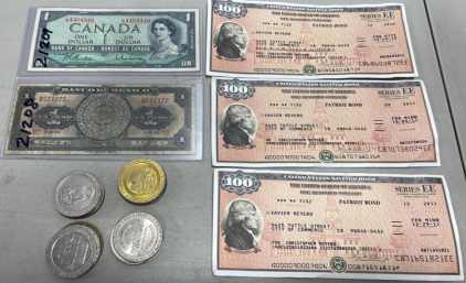 (3) United States $100 Savings Bonds Issued To Xavier Reyero, (1) 1954 Canada $1 Dollar Bill, (1) 1954 Unpeso 1$ Mexico Dollar, (15) Various Casino Tokens