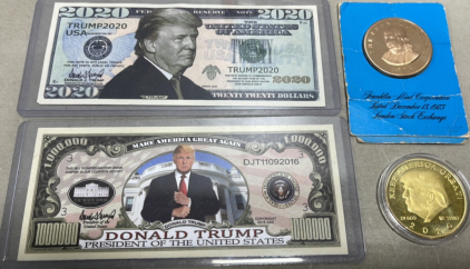 (1) Trump 2020 USA Bill, (1) Donald Trump $1,000,000 Bill, (1) Keep America Great 2020 Gold Toned Coin, (1) Franklin Mint Corperation Listed December 13 1973 London Stock Exchange Brass Toned Coin