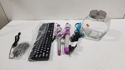 Large Font Keyboard and Mouse, (3) Curling Irons, Clear Glass Container