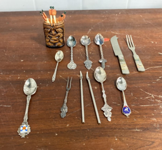 (1) Tiki Pineapple Sandwich Sticks, (1) Matching Mini Fork And Mini Knife Vintage Set, (7) Vintage Spoons, and more Vintage Silverware