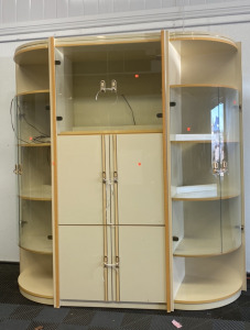 3 Piece White and Tan Colored Curio Cabinet and Entertainment Center