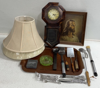 (2) Lamp Shades, Jesus Painting, Wall Clock, And Vintage Kitchenware