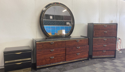 (1) Black 6-Drawer Bedroom Dresser Vanity With Unattached Mirror, (1) Black 5-Drawer Dresser, (1) Bed Side Table