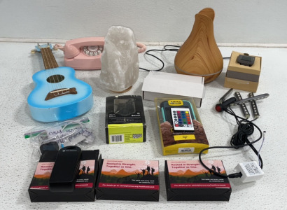 Samsung* Galaxy Watch, (3) Small Bluetooth Speakers, Car LED lights, Ukulele, Car Bluetooth Transmitter, Pixel Phone Case, Diffuser, Oldschool Phone, Salt Lamp, And More!
