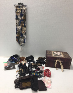 Decorative Box Full Of Belts, Headbands And Hair Straighteners, Dog Tapestry