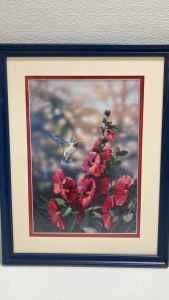 Framed Embroidered Hummingbird and Flowers
