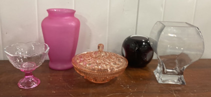 (1) Small Pink Vase, (1) Small Pink Ice Cream Dish, (1) Clear Vase, and more