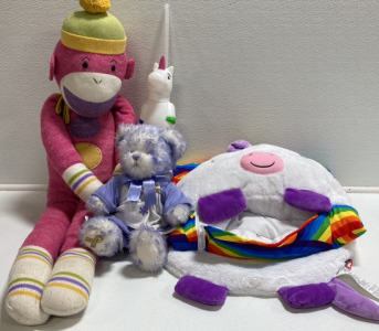 Large Sock Monkey, Purple Teddy Bear, Happy Nappers Unicorn, Unicorn Cup