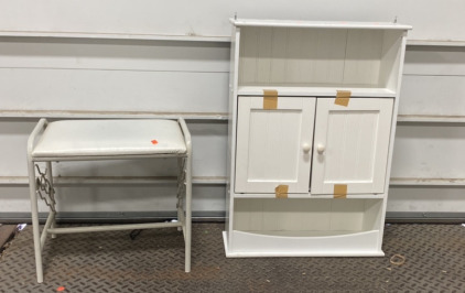 (1) White Over-The-Sink Medicine Cabinet, (1) White Vanity Stool