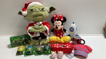 Christmas Yoda Plush, TMNT Skate Pads, John Deere Lunch Pail, Flying Pig Salt and Pepper Shakers, Buzz Lightyear Lamp, Minnie Mouse: Plush, Mug, Hat, and Purse