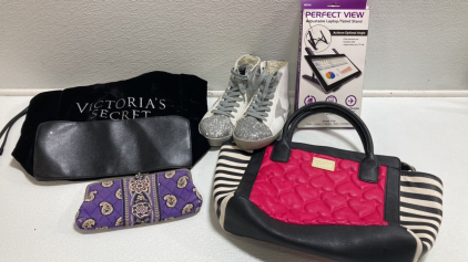 (3) Tablet Stands, Victoria Secret Bag, Betsy Johnson Purse, White and Silver Sparkle Sneakers, Vera Bradley Clutch Purse