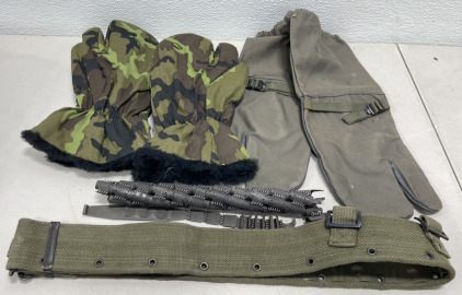 (1) Pair German Shooter Mittens, (1) Pair Chech Winter Shooter Mittens, (1) British Adjustable Combat Utility Belt W/ Attachments, (1) WWII German M34/42 8mm Machine Gun Ammo Belt W/ Starter Tab