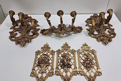 (3) Wall Hanging Candle Holders, (3) Gold Decorative Wall Art