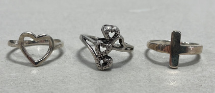 (1) Sterling Silver .925 Open Heart Ring Size 8, (1) Sterling Silver Christian Cross .925 Ring Size 8, (1)Vintage 4-Hearts As One Sterling Silver .925 Ring Size 8