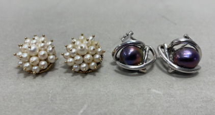 (1) Set Vintage 14k Yellow Gold Natural White Seed Pearl Clip On Earrings, (1) Set 18k White Gold Natural Tahitian Black Pearl Clip-On Earrings
