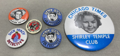 (6) Vintage Pins&hellip; Chicago Times Shirley Temple Club, Betty Boop, Dick Tracy, Lone Ranger, Buster Crabbe