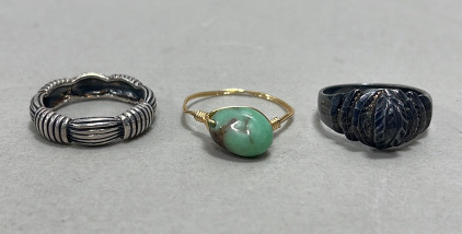 (1) Sterling Silver .925 Woven Wire Design 5.25mm Band Ring Size 7, (1) Beautiful Patina Sterling Silver .925 Raised Spine Band Ring Size 7, (1) New 10k Yellow Gold Turquoise Wire Ring Size 8.5