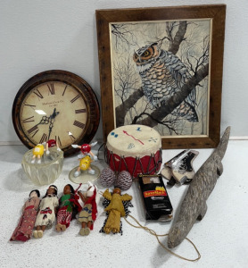(5) Native American Girl Dolls, Vintage Cap Gun, Vintage Leather Drum, Vintage M&M&rsquo;s* Decor, Clock, Owl Painting, And More!