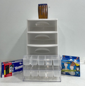 4-Tier White Plastic Storage Cabinet, (2) Smaller Clear Plastic Storage Containers, INSTABulb*, Temp* Car Napkin Dispenser, John Wayne Film Collection