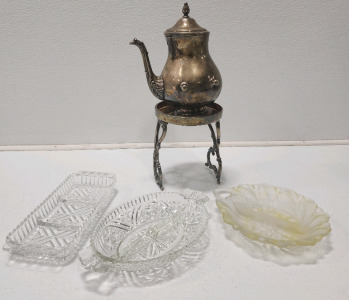 (3) Candy Dishes, Silver Tea Pot, Stand