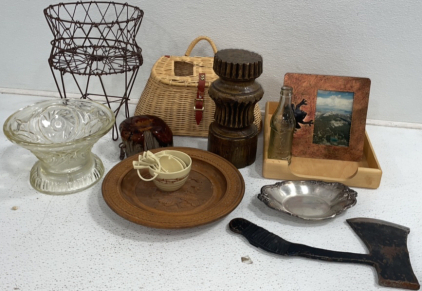 Various Home Decor Including Metal Stand, Picture Frame, Antique Glass Bottle, Candle Holder, Hand Made Axe, And More!