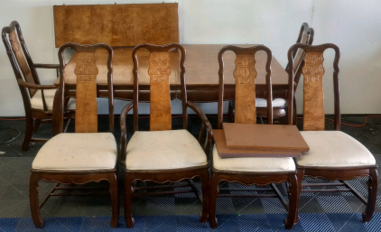 Vintage Formal Dining Room Table With (6) Matching Chairs, Leaf And Padded Table Cover