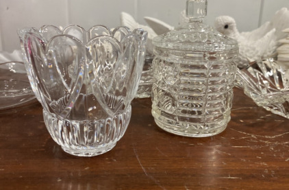 (4) Cermaic Birds, (1) Teal Vase, and more Glass Ware