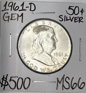 1961-D MS66 GEM FRANKLIN SILVER HALF DOLLAR