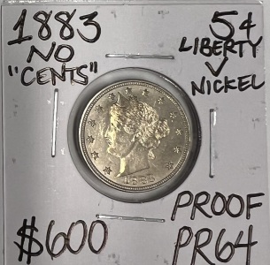 1883 PR64 PROOF LIBERTY V NICKEL NO "CENTS"