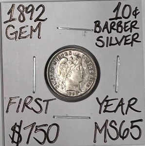 1892 MS65 1ST YEAR GEM BARBER SILVER DIME