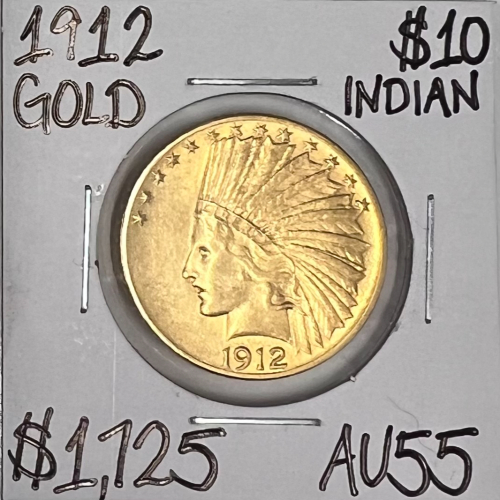1912 AU55 $10 GOLD INDIAN COIN
