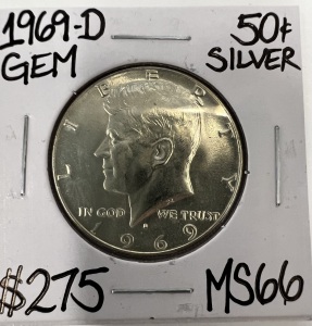 1969-D MS66 GEM SILVER KENNEDY 1/2 DOLLAR